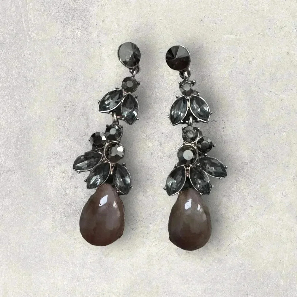 2.5" Long Grey Dark Blue/Black Dangle Glass Crystal Pageant Rhinestone Earrings